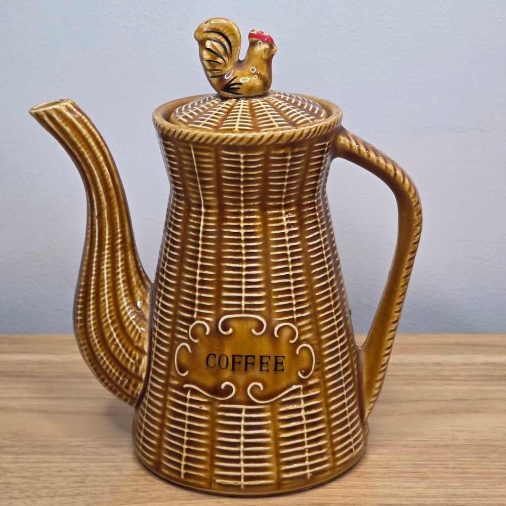 Vintage 1950s Rooster Coffee Tea‎ Pot Basket Weave Wicker Japan Brown Ceramic